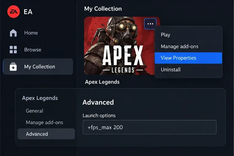 Schematic EA app Apex Legends tile with View Properties selected and the Advanced launch options field visible.