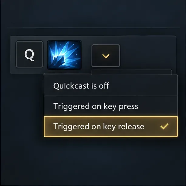 Ability hotkey row with a Quickcast mode menu open and “Triggered on key release” highlighted.