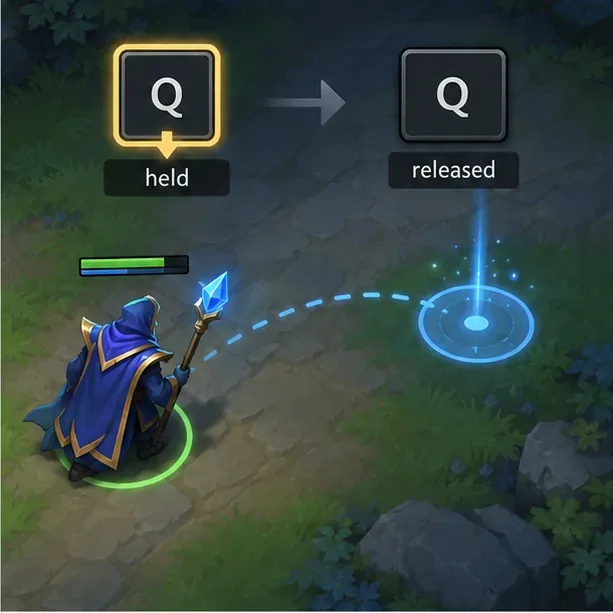 Illustrative Dota-style practice view with Q shown as held and then released while a ground-target marker is positioned.