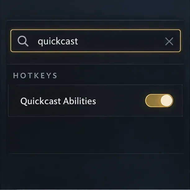 Dark Settings search panel showing the query “quickcast” and Quickcast Abilities switched on.