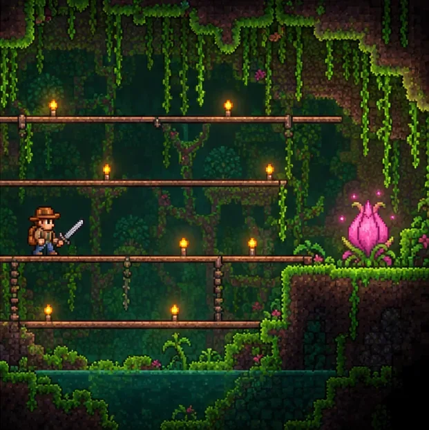 Adventurer standing on multi-level wooden platforms in a torchlit Underground Jungle arena near a pink bulb.
