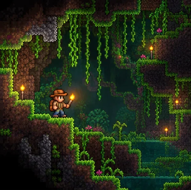 Torch-carrying adventurer exploring green caverns and grassy mud ledges in the Underground Jungle.
