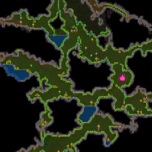 Underground Jungle map with winding green tunnels and a small bright pink marker in the right-hand cavern.