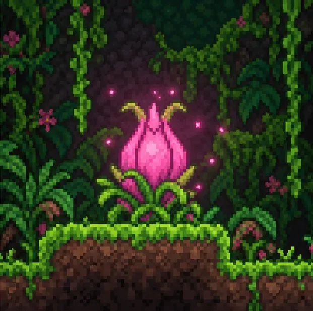 Close view of a glowing magenta flower-like bulb rooted in bright green jungle grass.