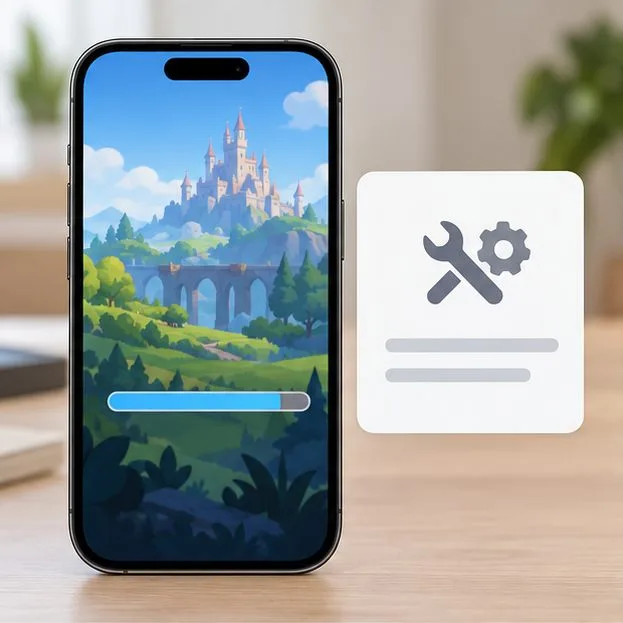 Um telefone exibe uma barra de carregamento genérica de um jogo ao lado de um cartão de manutenção, ilustrando a primeira verificação para uma possível falha na inicialização do Brawl Stars.