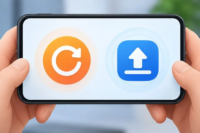 A phone shows restart and app-update symbols side by side, representing the next troubleshooting checks.