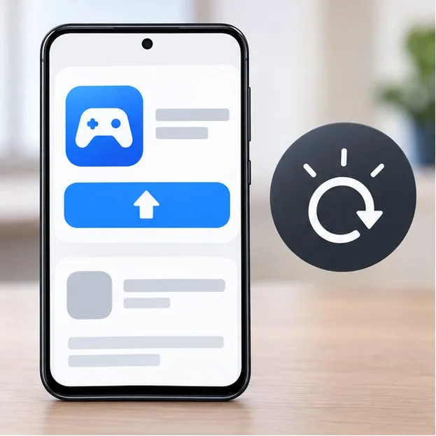 Um smartphone exibe um cartão genérico de atualização de aplicativo de jogo ao lado de um símbolo de reinicialização.