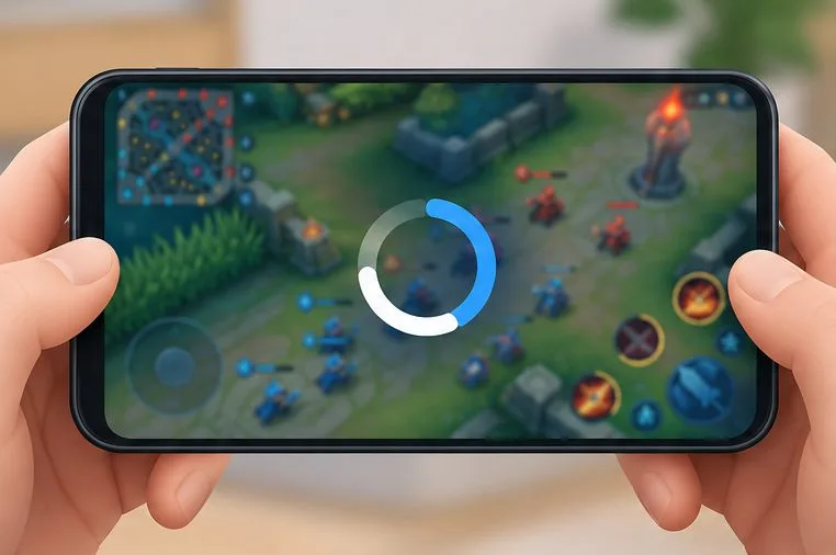 A phone displays a generic arena game behind a nearly complete loading spinner, illustrating the 92 percent startup symptom.