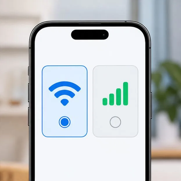 Um telefone exibe opções separadas de sinal Wi-Fi e celular para uma comparação controlada da conexão.