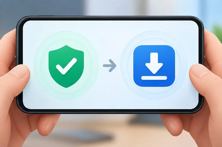 A phone shows a protected account symbol next to a download icon, illustrating account checks before reinstalling.