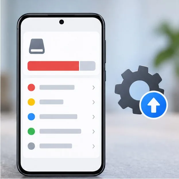 A tela de armazenamento do telefone mostra uma barra indicando capacidade quase total ao lado de um ícone de atualização do sistema.