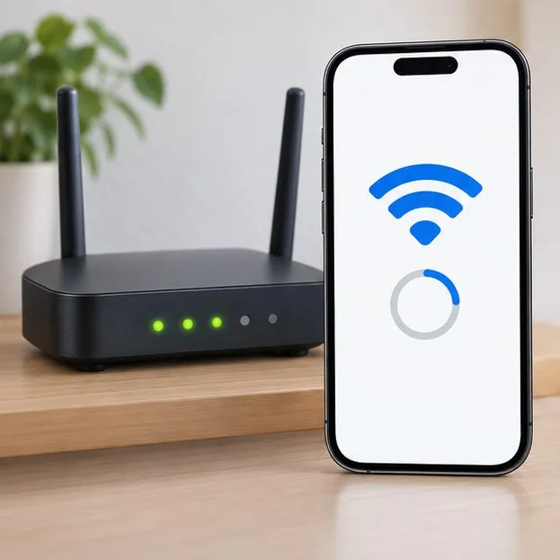 Um roteador com luzes indicadoras de status está ao lado de um telefone que está se reconectando ao Wi-Fi.