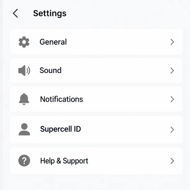 Illustrative mobile game Settings page with Supercell ID and Help & Support entries