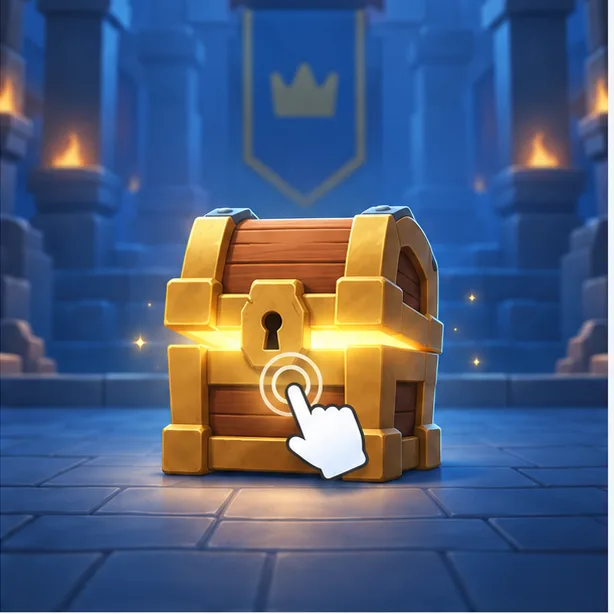Illustration of a hand tapping a chest in a fantasy card-battle game