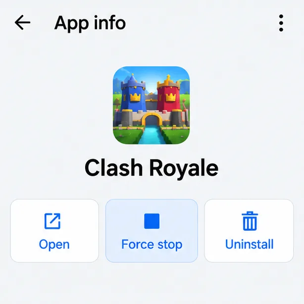 Illustrative Android App info screen for Clash Royale with Force stop highlighted