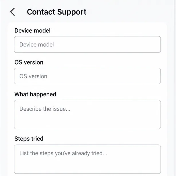 Illustrative support form mockup with device model, OS version, issue, and steps-tried fields