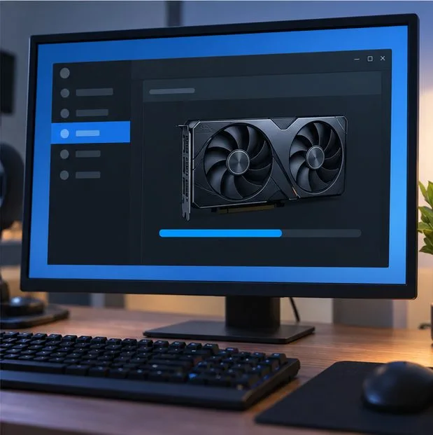 Um monitor de computador exibe uma janela genérica de gerenciamento de placa gráfica com um indicador de progresso de atualização.