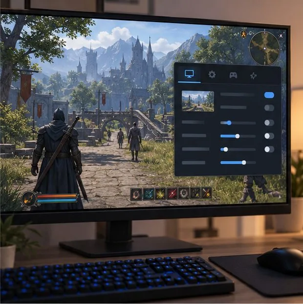 Um jogo de fantasia genérico é exibido com um painel de configurações separado e controles deslizantes de efeitos visuais reduzidos.