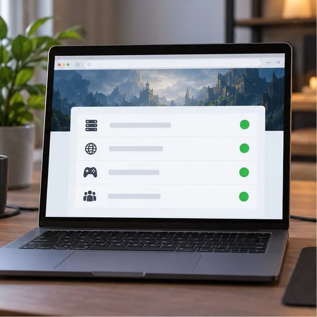 O navegador de um laptop exibe uma página genérica de status de serviço com vários indicadores de status verdes.