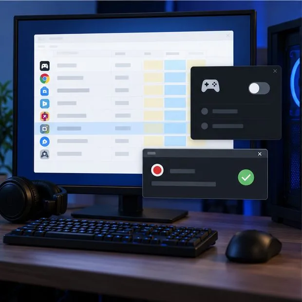 Uma área de trabalho genérica do Windows exibe uma janela de gerenciamento de tarefas e um botão separado para ativar/desativar a sobreposição de jogos, ambos desativados.