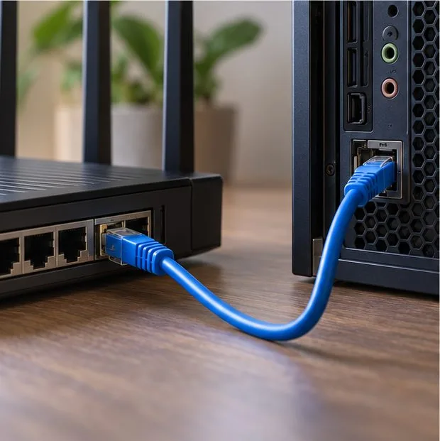 Um cabo Ethernet azul conecta um roteador doméstico diretamente à parte traseira de um computador de mesa para jogos.