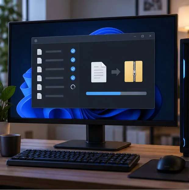 Um monitor de computador exibe um utilitário de diagnóstico genérico organizando arquivos em um arquivo compactado.