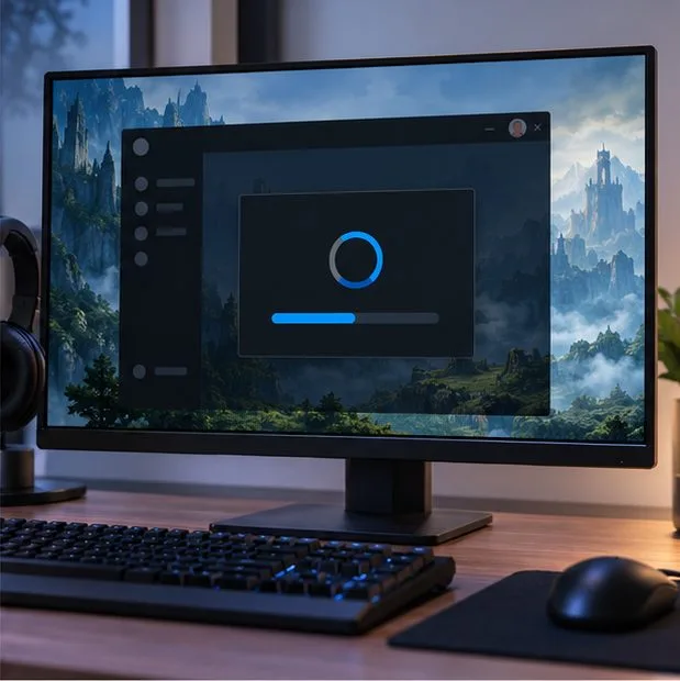 Um monitor de computador exibe um cliente de jogo genérico com um indicador de carregamento após o aplicativo ter sido reaberto.