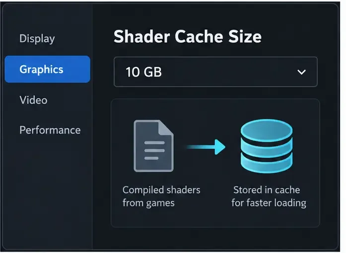 Illustratief instellingenpaneel voor grafische weergave met een regelaar voor de shadercachegrootte en in de cache opgeslagen shaderbestanden.