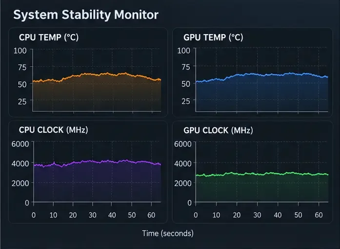 Illustratieve grafieken die de temperatuur en kloksnelheid van de CPU en GPU over tijd weergeven.