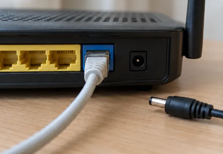 電源プラグが抜かれ、イーサネットケーブルが接続されたままのルーター