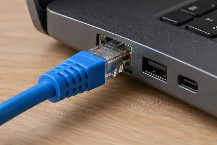 ノートパソコンのネットワークポートに接続された青色のイーサネットケーブル