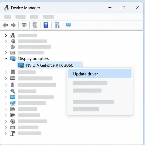 O Gerenciador de Dispositivos está aberto com os adaptadores de vídeo expandidos, a placa NVIDIA GeForce RTX 3060 selecionada e a opção "Atualizar driver" aberta.