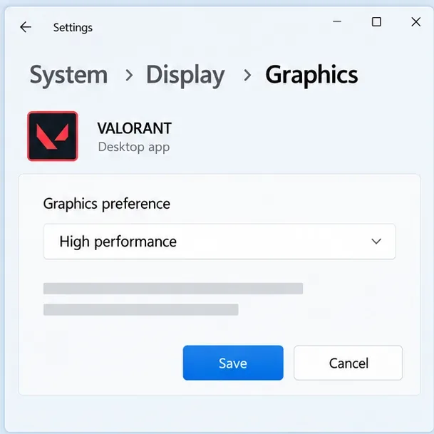 Configurações gráficas do Windows mostrando o VALORANT com o modo de alto desempenho selecionado.