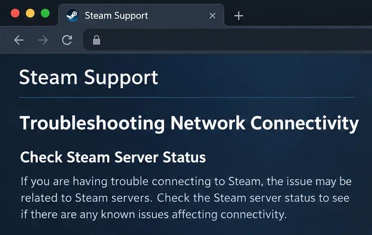 Steam Support page illustration with Troubleshooting Network Connectivity and Check Steam Server Status headings.