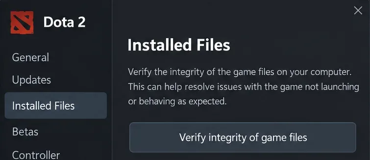 Dota 2 Properties illustration showing Installed Files selected and the Verify integrity of game files button.