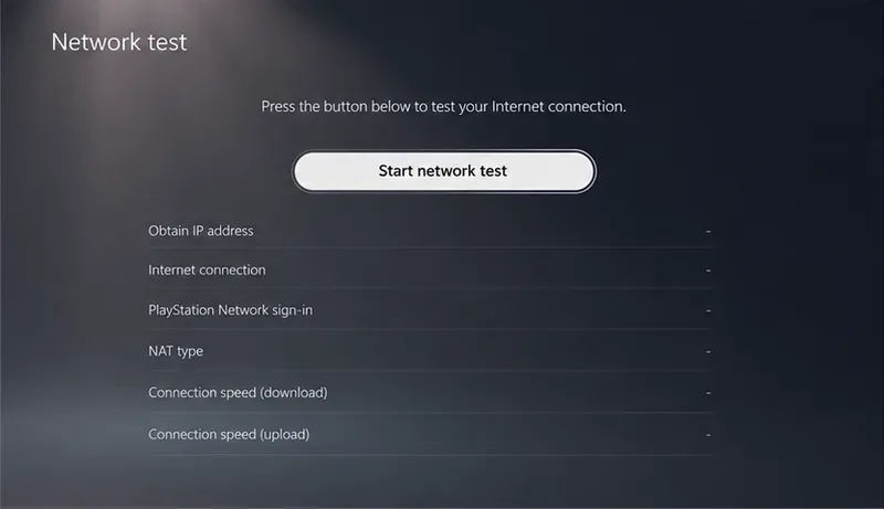 A console network test screen with a start button and blank diagnostic result rows