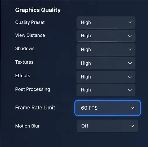 Panou de calitate grafică în stil Fortnite care arată nivelul texturii și opțiunile de limită a ratei de cadre pe secundă