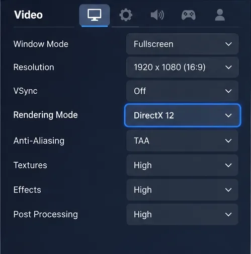 Panou de setări video în stil Dark Fortnite cu DirectX 12 selectat ca mod de randare