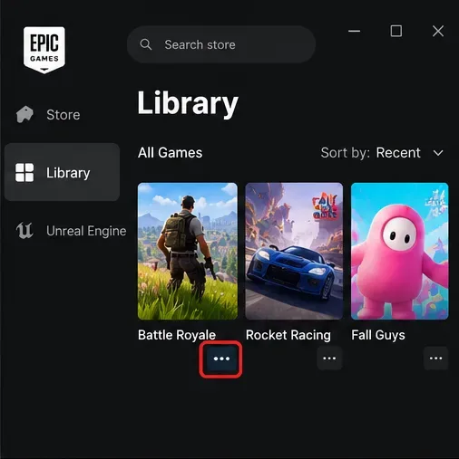 Biblioteca Epic Games Launcher afișează dalele de joc instalate și un meniu cu trei puncte