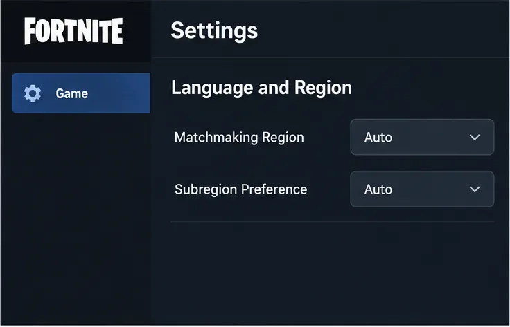 Mockup van de taal- en regio-instellingen van Fortnite, waarbij zowel de voorkeur voor de matchmakingregio als de subregio op 'Automatisch' staan.
