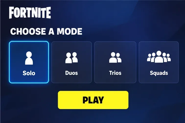 Mockup van de Fortnite-modusselector met Solo gemarkeerd naast Duos, Trios en Squads.