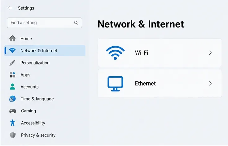 Mockup van Windows-netwerk- en internetinstellingen met Wi-Fi- en Ethernet-verbindingsopties.
