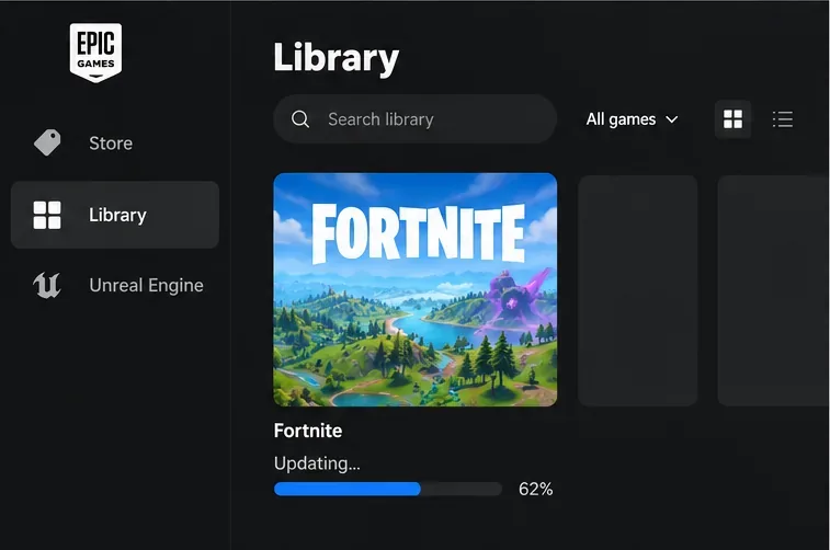 Mockup van de Epic Games Launcher-bibliotheek met een Fortnite-tegel die een update toont die bezig is.