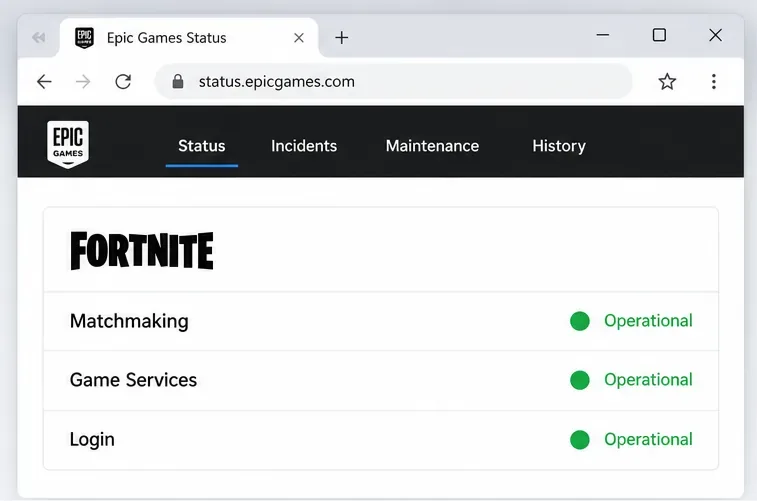 Mockup van de statuspagina van Epic Games met de rijen Fortnite Matchmaking, Game Services en Login, elk met een groene indicator.