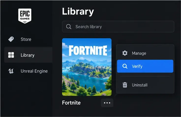 Mockup van de Epic Games Launcher-bibliotheek met het menu 'Beheer' van Fortnite, waarbij 'Verifiëren' is geselecteerd.
