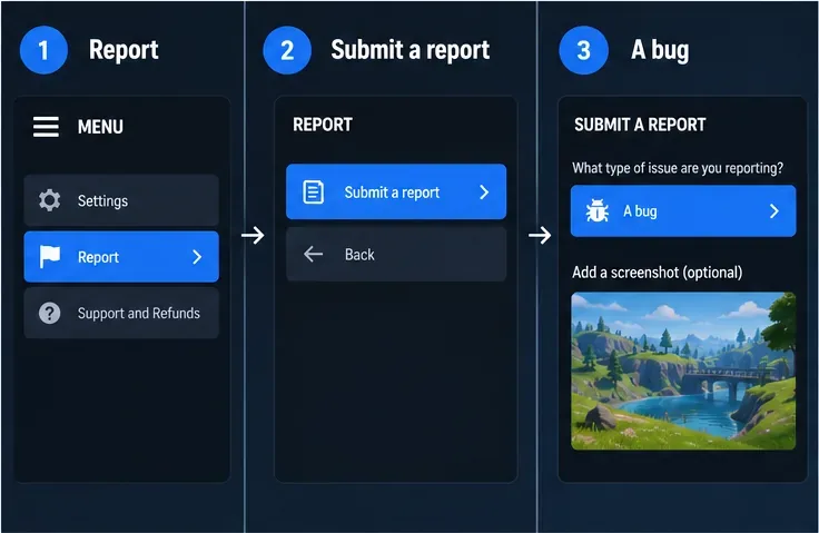 Mockup van de workflow voor het melden van bugs in Fortnite, met de opties 'Rapporteren', 'Een rapport indienen' en 'Een bug', inclusief een screenshot.