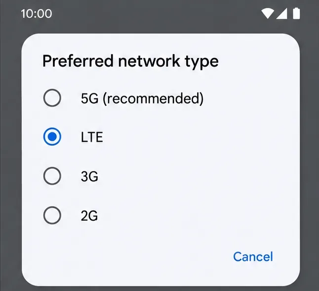Caseta de dialog pentru tipul de rețea preferat de Android, cu LTE selectat între 5G, LTE, 3G și 2G.
