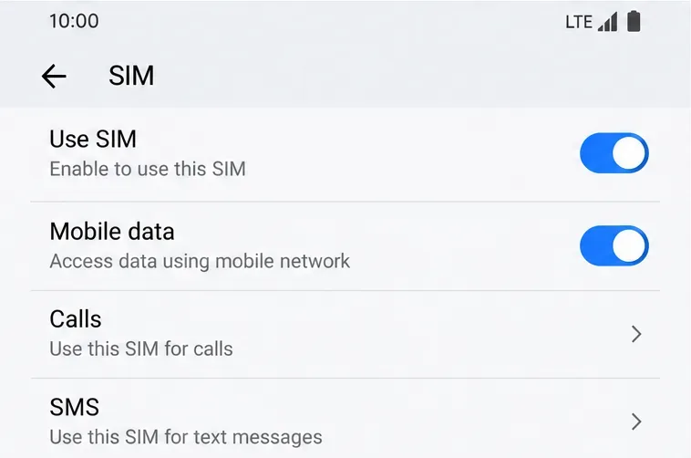 Setările SIM Android afișează opțiunea Utilizare SIM și date mobile activată.