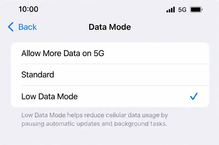 Setările modului de date pentru iPhone cu modul Date reduse bifate sub Standard și Permiteți mai multe date pe 5G.