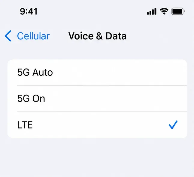 Setările iPhone Voice și Date afișează 5G Auto, 5G Activat și LTE, cu LTE bifat.